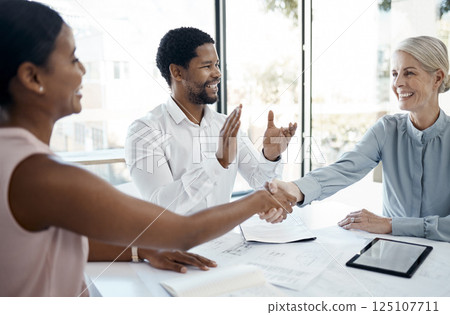 Handshake, diversity and congratulations business meeting success for b2b sales, architecture and blueprint floor plan design. Thank you, corporate agreement and patnership deal for teamwork strategy Handshake, diversity and congratulations business meeting success for b2b sales, architecture and blueprint floor plan design. Thank you, corporate agreement and patnership deal for teamwork strategy 125107711