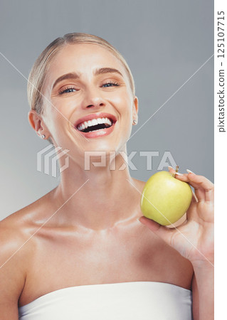 Apple, beauty and portrait of health woman with fruit for body care, antioxidants and healthy weight loss diet. Aesthetic model with nutritionist food for diy facial acne treatment, skincare or detox 125107715