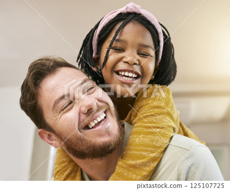 Father, black girl and piggy back in home having fun and bonding. Family love, adoption and care of happy man carrying foster child in house, enjoying quality time together and playing with a smile. Father, black girl and piggy back in home having fun and bonding. Family love, adoption and care of happy man carrying foster child in house, enjoying quality time together and playing with a smile. 125107725