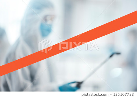 Warning tape, covid disinfection and safety, cleaning service and healthcare compliance in medical room, hospital or laboratory to stop bacteria. Caution ribbon, corona virus risk and chemical spray Warning tape, covid disinfection and safety, cleaning service and healthcare compliance in medical room, hospital or laboratory to stop bacteria. Caution ribbon, corona virus risk and chemical spray 125107758