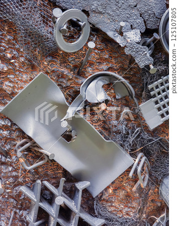 Metal and industrial debris arranged artistically on a textured surface creates an intriguing visual of urban life 125107805