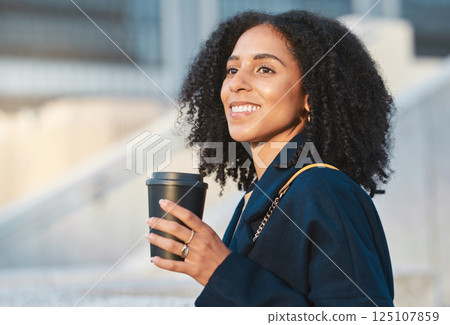 Coffee, thinking and city with a business black woman walking to walk during her morning commute. Idea, street and motivation with a female employee walking in an urban town during a summer day 125107859