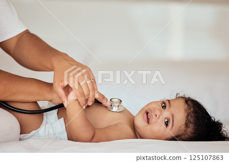 Medical, consulting and stethoscope with baby on bed for healthcare, cardiology and pediatrician exam. Help, medicine and check with hands of doctor and heartbeat of child for growth, lungs or breath 125107863