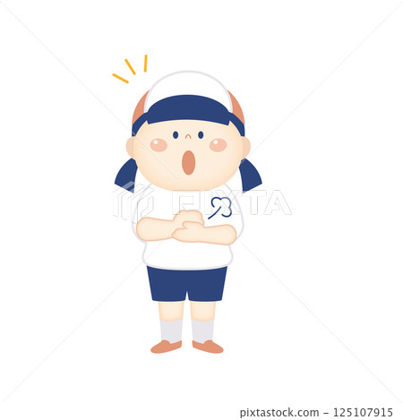 Illustration of a child in gym clothes who has come up with an idea - full body 125107915