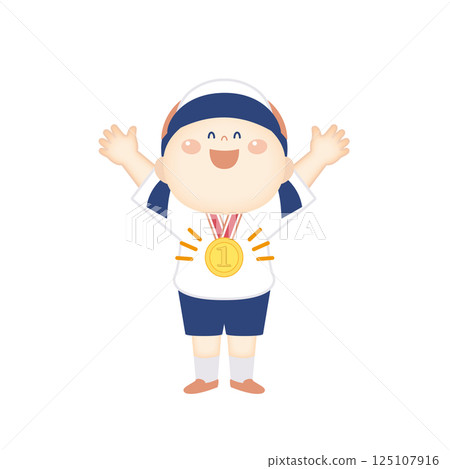 Illustration of a girl in gym clothes rejoicing after winning a gold medal - full body Illustration of a girl in gym clothes rejoicing after winning a gold medal - full body 125107916
