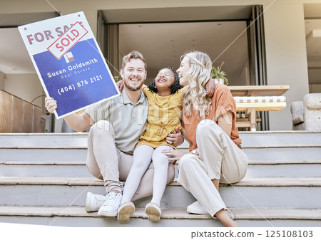 Family, buy house and sold sign with a smile about property and new real estate sale. Portrait of a moving poster of a diverse father, child and adopted girl feeling happy about mortgage together 125108103