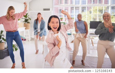 Celebration dance, diversity women and team celebrate startup small business growth, success or achievement. Group team building leader, crazy energy and excited people dancing in marketing agency 125108143