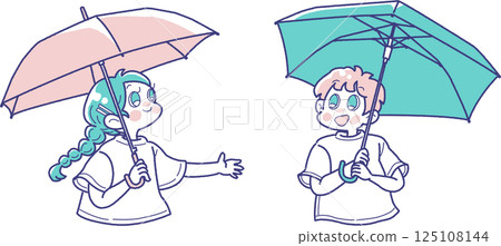 Illustration of two children holding an umbrella 125108144