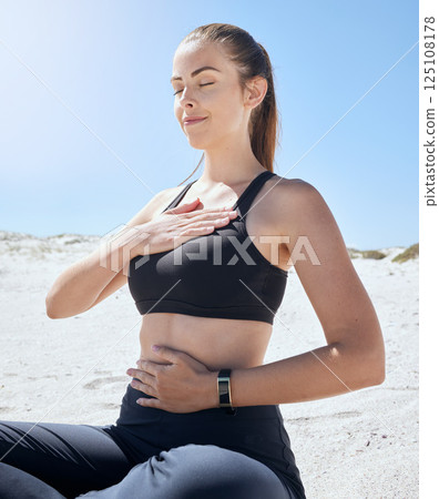 Yoga, meditation and beach fitness of a woman athlete with a zen prayer and mindfulness in nature. Meditate, peace and wellness exercise by the ocean sand for chakra, workout and relax sea pilates Yoga, meditation and beach fitness of a woman athlete with a zen prayer and mindfulness in nature. Meditate, peace and wellness exercise by the ocean sand for chakra, workout and relax sea pilates 125108178