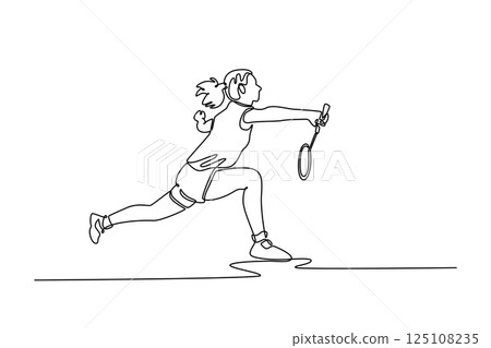 Single one line drawing beauty female badminton player get ready to receive shuttlecock from opponent during game play on indoor court. Modern continuous line draw design graphic vector illustration 125108235