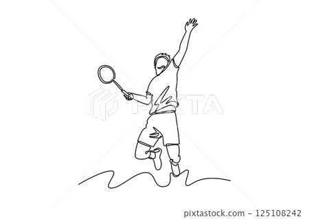Single one line drawing badminton player strikes shuttlecock during a game on indoor court, showcasing precise technique and athletic movement. Continuous line draw design graphic vector illustration 125108242
