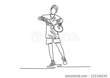Continuous one line drawing professional badminton player in uniform stands holding racket and shuttlecock ready to serve. Sport activity on indoor court. Single line draw design vector illustration Continuous one line drawing professional badminton player in uniform stands holding racket and shuttlecock ready to serve. Sport activity on indoor court. Single line draw design vector illustration 125108243