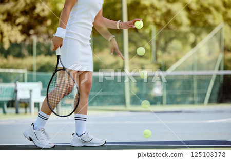 Woman, tennis and ball bounce on tennis court, training and fitness for game, match or play outdoor in uniform. Sports athlete, workout and exercise for health or wellness with racket and tennis ball Woman, tennis and ball bounce on tennis court, training and fitness for game, match or play outdoor in uniform. Sports athlete, workout and exercise for health or wellness with racket and tennis ball 125108378