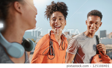 Team, friends and exercise together with smile, outdoor and in city together for wellness, healthy training and relax. Health, group and fitness for workout, happy or talking for motivation or sports Team, friends and exercise together with smile, outdoor and in city together for wellness, healthy training and relax. Health, group and fitness for workout, happy or talking for motivation or sports 125108401