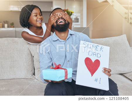 Fathers day, child and surprise dad with card and gift for love, care and affection at home. Little girl, celebrating and present or note for parent dad with loving announcement to celebrate Fathers day, child and surprise dad with card and gift for love, care and affection at home. Little girl, celebrating and present or note for parent dad with loving announcement to celebrate 125108405