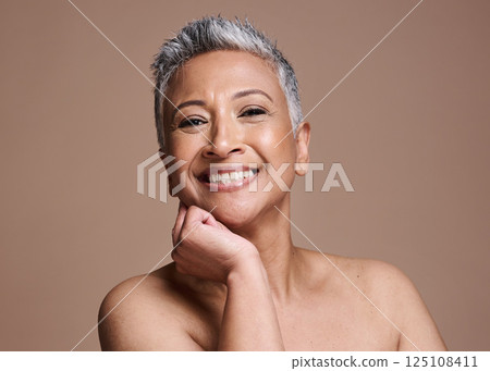 Senior woman, smile and happy with skincare, pride and cosmetics for joy, bare or with studio background. Portrait, elderly female or mature lady with natural beauty, wellness or makeup for glow skin Senior woman, smile and happy with skincare, pride and cosmetics for joy, bare or with studio background. Portrait, elderly female or mature lady with natural beauty, wellness or makeup for glow skin 125108411