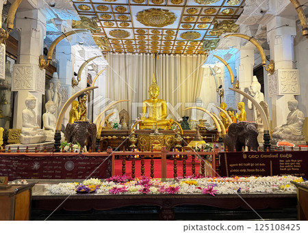 Golden Buddha statue at the Temple of the Tooth Relic and Buddha statues from around the world, World Heritage Site, Kandy 125108425