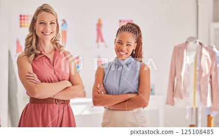 Fashion, designer and portrait of business women in studio workshop for creative, partnership and vision. Tailor, teamwork and luxury with employee of small business for boutique, retail and shopping 125108485