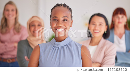 Business people, diversity and smile for corporate leadership, management or teamwork at the office. Portrait of diverse happy and proud employee executives smiling with vision or ambition for career 125108520