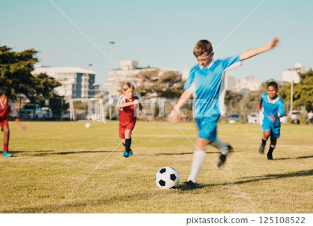 Soccer, boys running and kicking ball on field in summer, motivation and sports workout goals. Football, teamwork and growth, children playing game on grass soccer field in urban park with kids team. Soccer, boys running and kicking ball on field in summer, motivation and sports workout goals. Football, teamwork and growth, children playing game on grass soccer field in urban park with kids team. 125108522