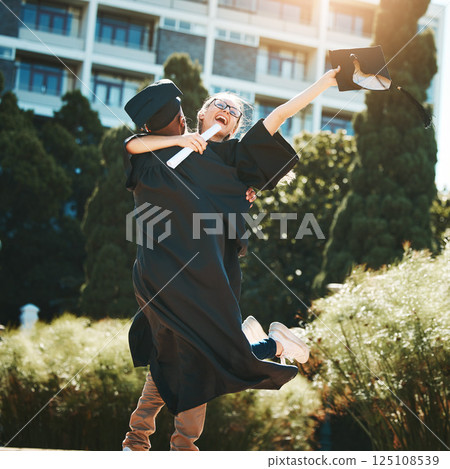 Education, college graduation and celebration for university achievement, friends hug for congratulations on campus. Man and woman scholarship students or graduate happy about diploma or certificate Education, college graduation and celebration for university achievement, friends hug for congratulations on campus. Man and woman scholarship students or graduate happy about diploma or certificate 125108539