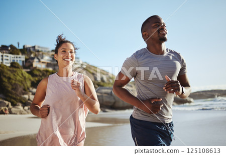 Fitness, beach and running black couple training, workout and exercise for cardiovascular wellness with freedom. Happy, runners and African woman loves doing sports activities with a healthy partner Fitness, beach and running black couple training, workout and exercise for cardiovascular wellness with freedom. Happy, runners and African woman loves doing sports activities with a healthy partner 125108613
