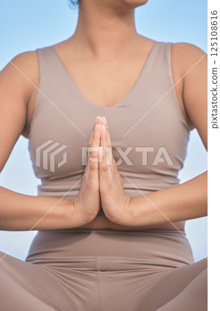 Zen meditation, hands and woman pray for spiritual mindset health or yoga worship prayer in nature. Mindfulness, balance and mediate for healthy faith lifestyle, calm and relax workout outside Zen meditation, hands and woman pray for spiritual mindset health or yoga worship prayer in nature. Mindfulness, balance and mediate for healthy faith lifestyle, calm and relax workout outside 125108616