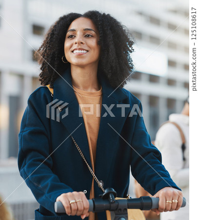 Black woman, scooter and city travel of a person with bicycle and urban eco friendly transportation. Happy young female on electric ride with smile ready for morning traveling to work with happiness Black woman, scooter and city travel of a person with bicycle and urban eco friendly transportation. Happy young female on electric ride with smile ready for morning traveling to work with happiness 125108617