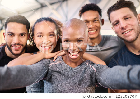 Fitness club selfie, group and portrait for gym diversity, happy and smile together for teamwork. Healthy people, workout team and multicultural photo for health, wellness and exercise with happiness 125108707