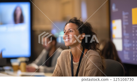 Smiling woman listening intently meeting conference seminar happy attentive engaged participant Smiling woman listening intently meeting conference seminar happy attentive engaged participant 125108730