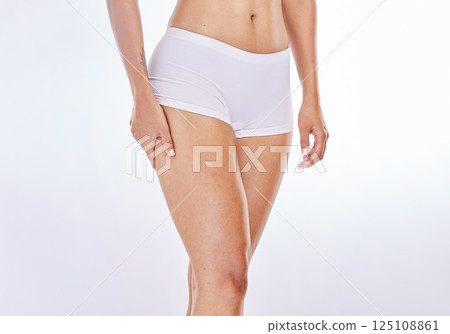 Health, body care and feminine hygiene, woman in fresh clean studio background. Fitness, motivation and wellness, comfort and confidence in exercise training with good diet for healthy lifestyle. 125108861