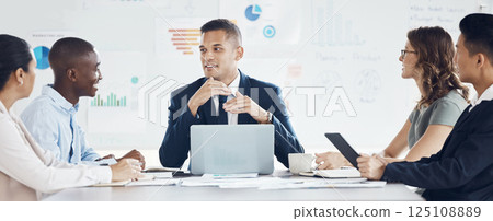 Ceo, planning and business people in a financial meeting for kpi analytics, digital marketing data or our vision. Management, teamwork and employees talking or speaking of a seo advertising strategy 125108889