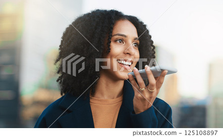 Black woman with smartphone, phone call and technology with communication and connection outdoor. Conversation, mobile and connect, contact and talking on call with tech and 5g network in urban city. 125108897