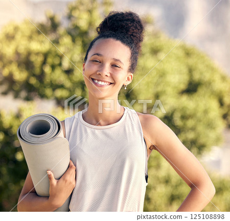 Fitness portrait, yoga mat and black woman at park ready for workout, exercise or mindfulness outdoors. Meditation, zen and happy female from South Africa preparing for pilates training for wellness 125108898