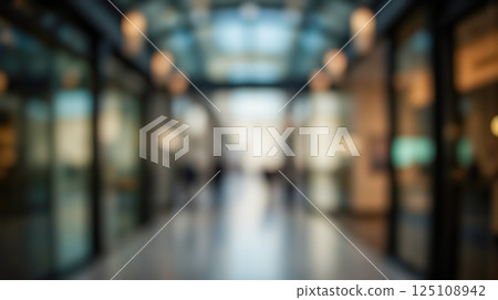 Blurry passage background, modern arcade, soft focus, glass ceiling, warm lights, urban setting, indoor corridor, dreamy atmosphere, architectural design, city vibe 125108942