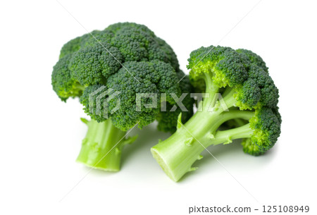 Fresh organic broccoli with vibrant green color, perfect for healthy meals. Nutritious vegetable rich in fiber and vitamins, Isolated on white background for grocery and food labels 125108949