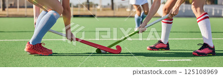 Fitness, sports and hockey with women on field and training for competition, challenge and workout. Battle, games and exercise with shoes of hockey player and sticks in stadium for workout and health Fitness, sports and hockey with women on field and training for competition, challenge and workout. Battle, games and exercise with shoes of hockey player and sticks in stadium for workout and health 125108969