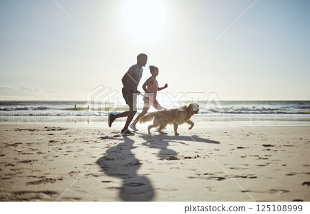 Couple, beach and running with dog for health, wellness or exercise. Mock up, diversity and man, woman and animal outdoors on sports run, exercising or workout jog on sandy seashore or ocean coast. 125108999