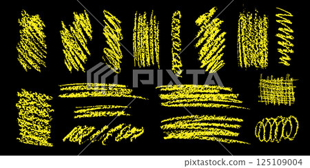 An array of Various Yellow Sketch Brushes displayed against a contrasting Black Background An array of Various Yellow Sketch Brushes displayed against a contrasting Black Background 125109004