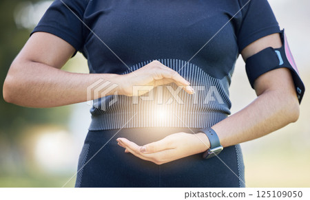 Fitness, health and light hologram in hands to show healthy wellness, workout and sport lifestyle. Calm sports, wellness and training woman outdoor with a projection in hand to show athlete peace Fitness, health and light hologram in hands to show healthy wellness, workout and sport lifestyle. Calm sports, wellness and training woman outdoor with a projection in hand to show athlete peace 125109050