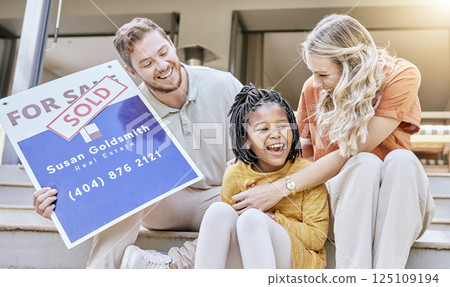 Adoption, family and new house smile, happy and homeowner together outdoor. Love, foster parents and black girl celebrate purchase of home, happiness and enjoy quality time on porch, bonding and care 125109194