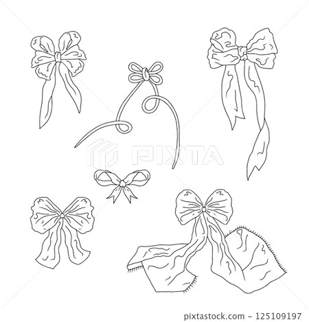 Cute hand drawn fancy linear black and white bow knots bundle isolated on white background. Pretty vintage monochrome line art coquettes set Cute hand drawn fancy linear black and white bow knots bundle isolated on white background. Pretty vintage monochrome line art coquettes set 125109197