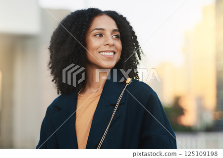 Happy, thinking and business woman in the city of Singapore for work in the morning. Vision, motivation and young girl with an idea, happiness and commitment during travel to a job with bokeh space 125109198