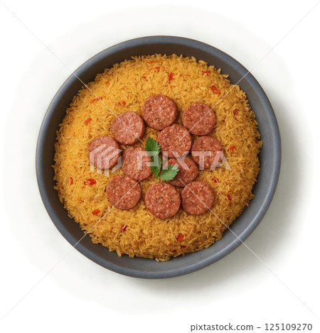 Arroz Carreteiro - A Brazilian rice dish made with beef, sausages, tomatoes, and spices, cooked together to create a hearty, 125109270