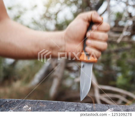 Man, hand and knife in nature forest, sustainability woods and countryside environment for cutting and carving tree bark. Zoom, hiking and camping person with sharp blade, metal weapon or steel tools 125109278