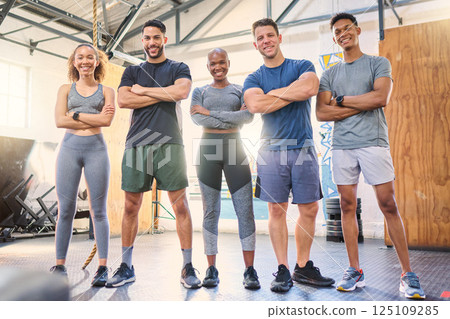 Team motivation, friends or teamwork portrait in gym for training, fitness or wellness workout sports. Happy, diversity or health sport women and men for exercise, support or collaboration with smile 125109285