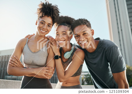 Fitness, support and friends training in the city with a goal, mission and smile. Happy, exercise and portrait of group of health black people with pride, solidarity and motivation for sports 125109304