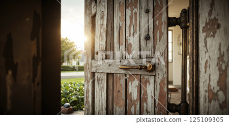 A rustic wooden door with peeling paint and a vintage brass handle, partially ajar to reveal a glimpse 125109305