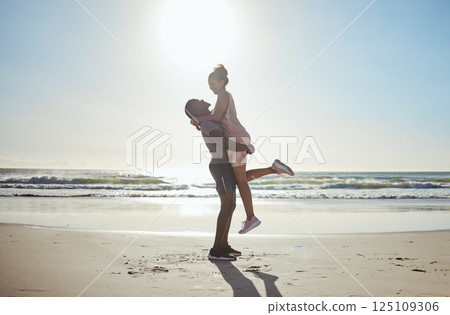 Couple, bonding or hug on beach date by water waves, sea or Bali ocean in romance holiday, anniversary vacation or proposal celebration. Smile, happy or fun black woman and man love bonding in nature 125109306