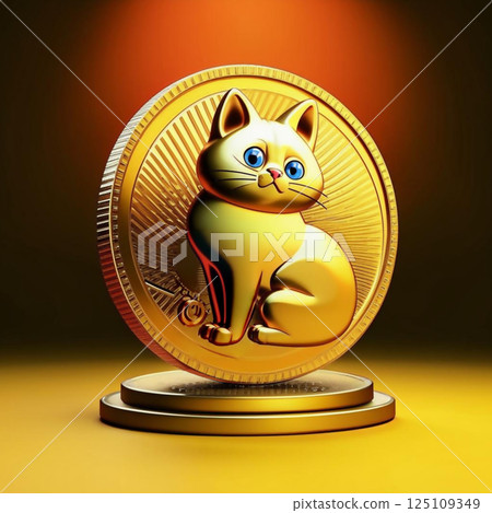 Golden portrait of a cat on a coin. A charming cat is depicted on the coin. AI generated. 125109349